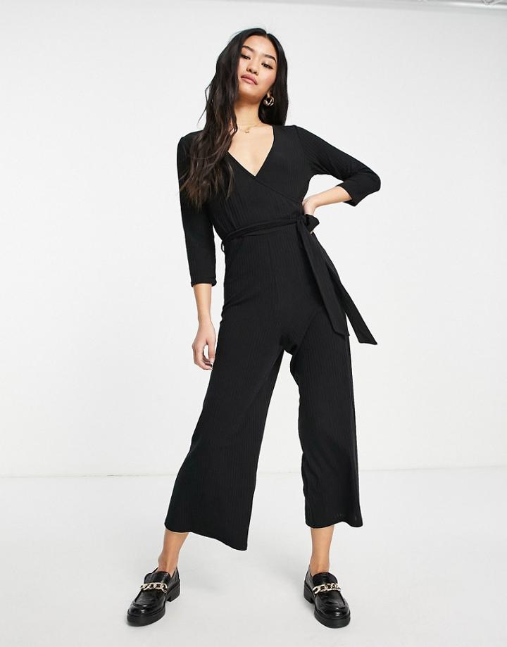 New Look Ribbed Wrap Jumpsuit In Black