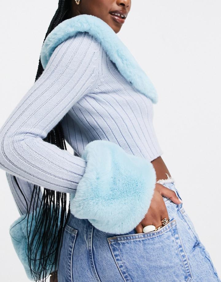Asos Design Faux Fur Cuffs In Blue-blues