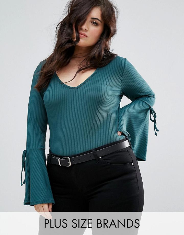 Missguided Plus Ribbed V Neck Flared Sleeve Top - Green