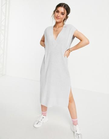 Monki Berra Knitted Tank Midi Dress With V Neck In Gray-grey