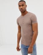Asos Design Muscle Fit T-shirt With Grandad Neck In Waffle In Beige - Beige