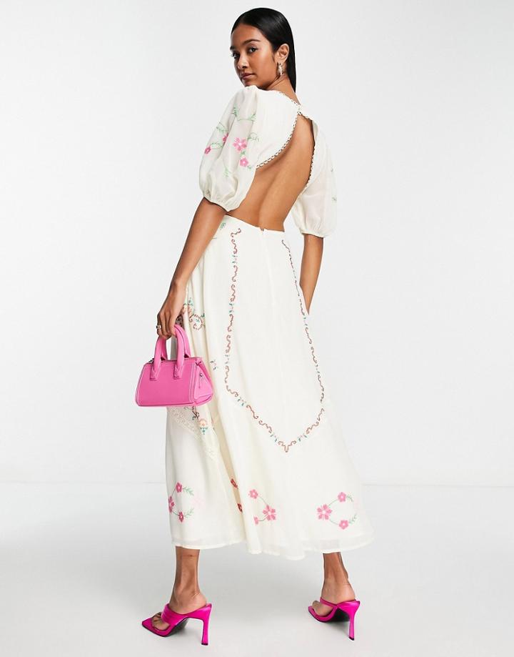 Asos Design Embroidered Lace Insert Cut Out Midi Dress In White