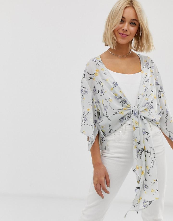 Qed London Angel Sleeve Tie Front Top In Blue Floral Print - Multi