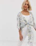 Qed London Angel Sleeve Tie Front Top In Blue Floral Print - Multi