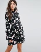 Ax Paris Black Floral Mini Dress With Long Frill Bell Sleeves - Black