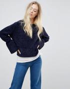 Wild Flower Sweater With Fluted Sleeves - Navy