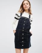 Asos Denim Button Through Overall Dress With Raw Hem In Black - Black