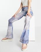 Monki Mesh Pants In Blue Marble Check Print