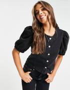 Jdy Denim Puff Sleeve Button Through Top In Washed Black