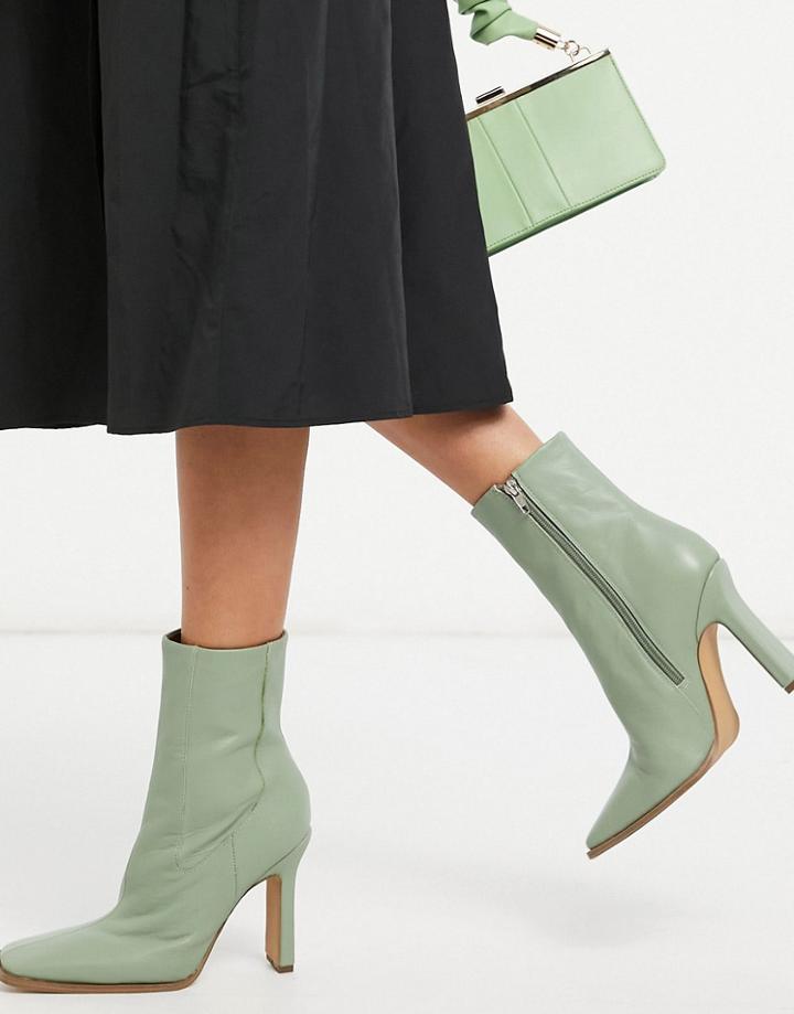 Asos Design Erin Premium Leather Boots With Underset Heel In Green