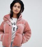 Asos Design Petite Ultimate Puffer In Velvet With Funnel Neck-pink