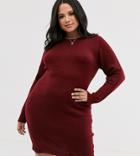 Brave Soul Plus Grungy Round Neck Sweater Dress - Red