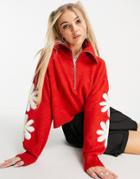 Topshop Knitted Flower Zip Through Crop Sweater In Red