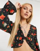 Topshop Floral Print Twist Front Cropped Blouse In Multi