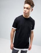 Asos Super Longline T-shirt With Contrast Roll Sleeve And Hem Extender In Black/white - Black