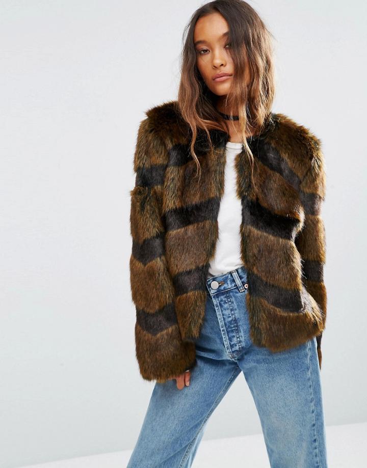Asos Faux Fur Jacket In Chevron Stripe - Multi