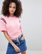 Bershka Cropped Sweat Top With Stripe Shoulder In Pink - Pink