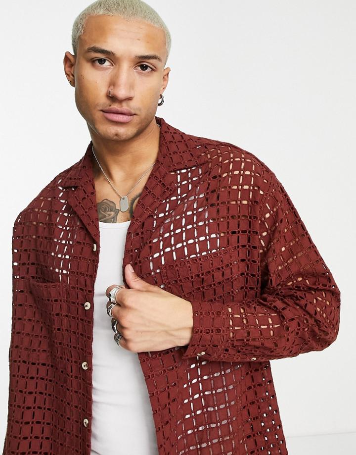 Asos Design Oversized Boxy Shirt In Embroidered Fabric-brown