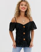 Asos Design Contrast Broderie Off Shoulder Top With Button Through - Multi
