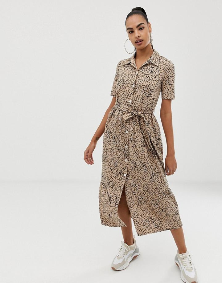 Asos Design Midi Shirt Dress With Belt In Leopard-multi