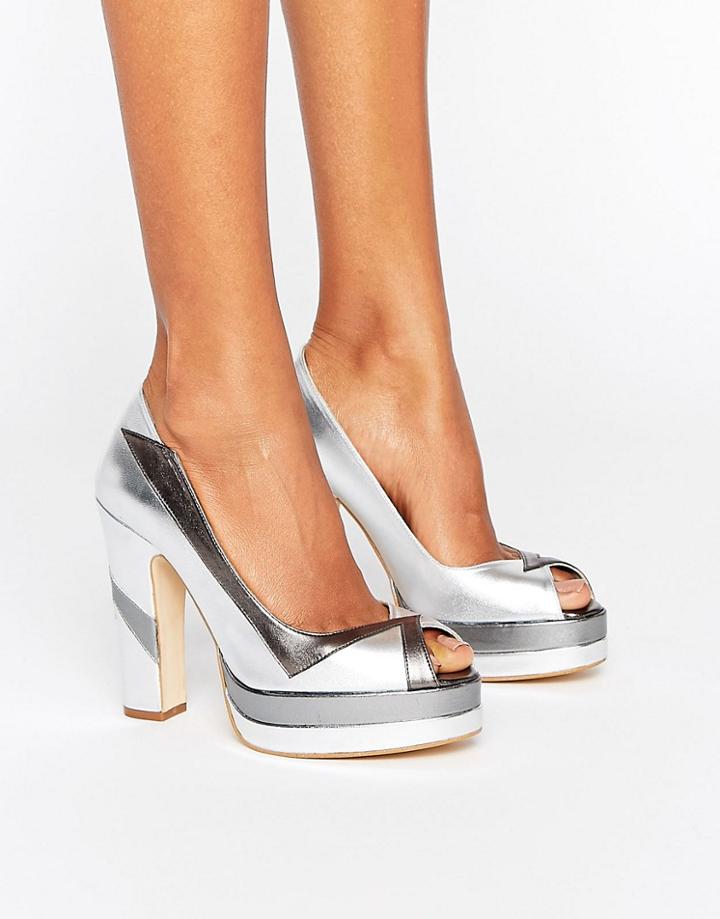 Terry De Havilland Luna Silver Leather Peeptoe Platform Heeled Shoes - Silver
