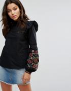 Miss Selfridge High Neck Embroidered Sleeve Blouse - Black
