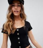 Asos Design Petite Scoop Neck Top In Rib With Buttons - Black