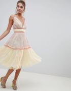 Asos Design Delicate Lace Midi Prom Dress In Soft Color Block - Multi
