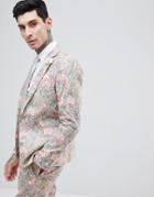 Gianni Feraud Skinny Fit Linen Blend Floral Suit Jacket - Stone