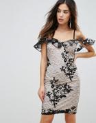 Parisian Cold Shoulder Embroidered Lace Cami Dress - Black