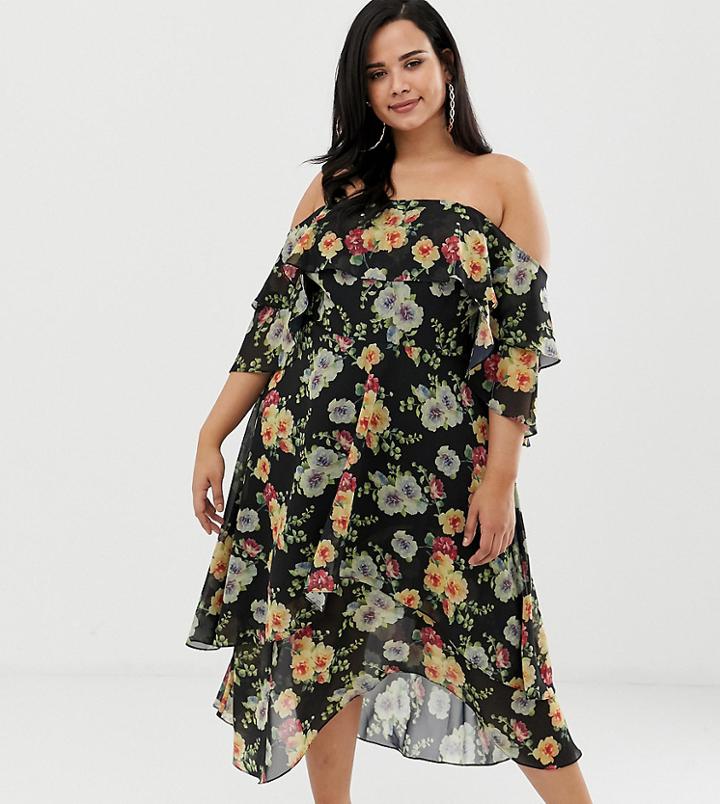Asos Design Curve Bandeau Midi Dress In Layered Floral Print-multi