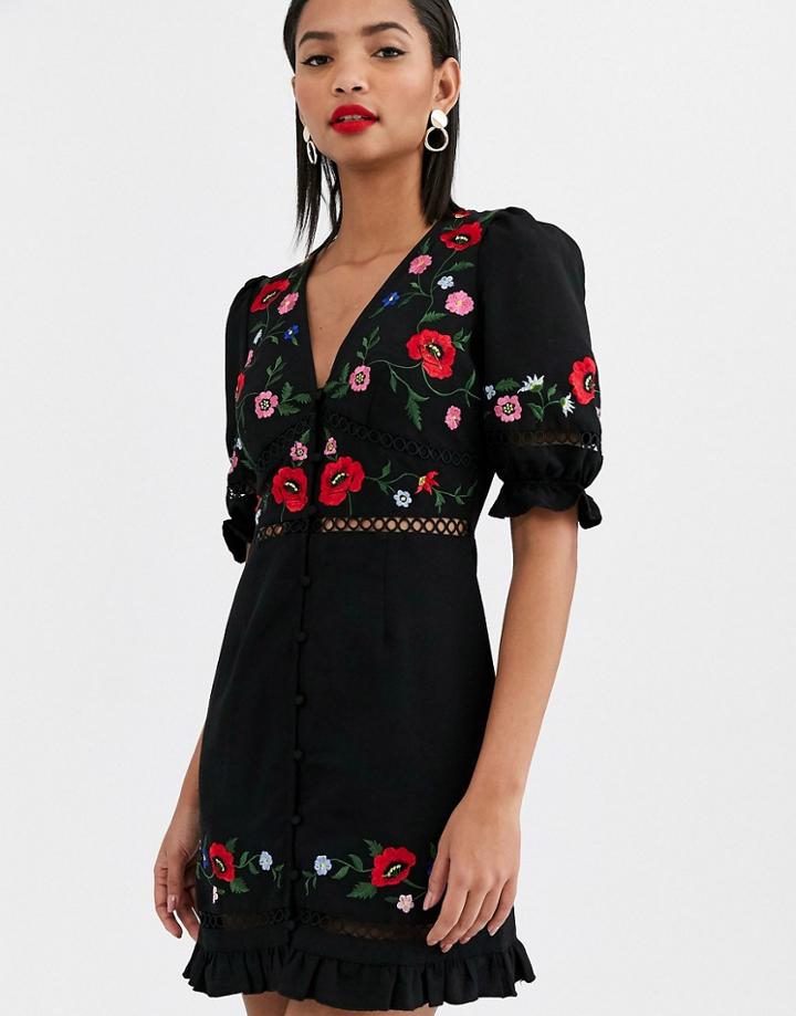 Asos Design Button Through Embroidered Mini Dress