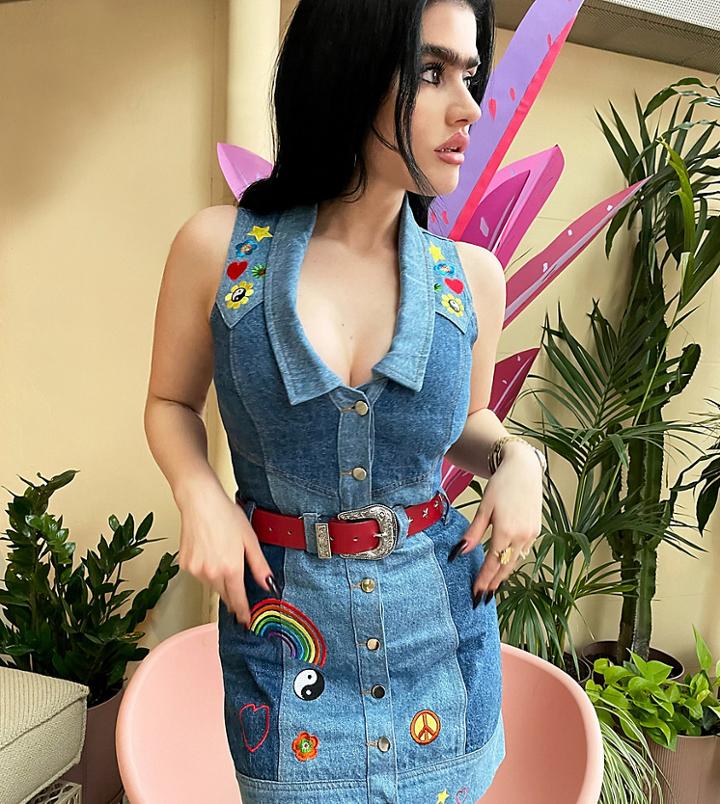Labelrail X Sophia Hadjipanteli Patch Detail Denim Mini Dress In Blue