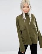 Weekday Pocket Front High Neck Sweater With Side Slit Detail - Green