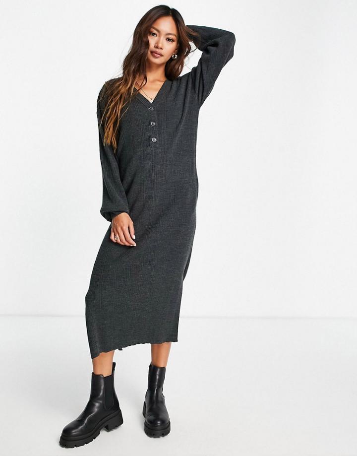 Asos Design Knitted Maxi Dress With Button Placket And Pockets In Gray-grey