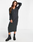 Asos Design Knitted Maxi Dress With Button Placket And Pockets In Gray-grey