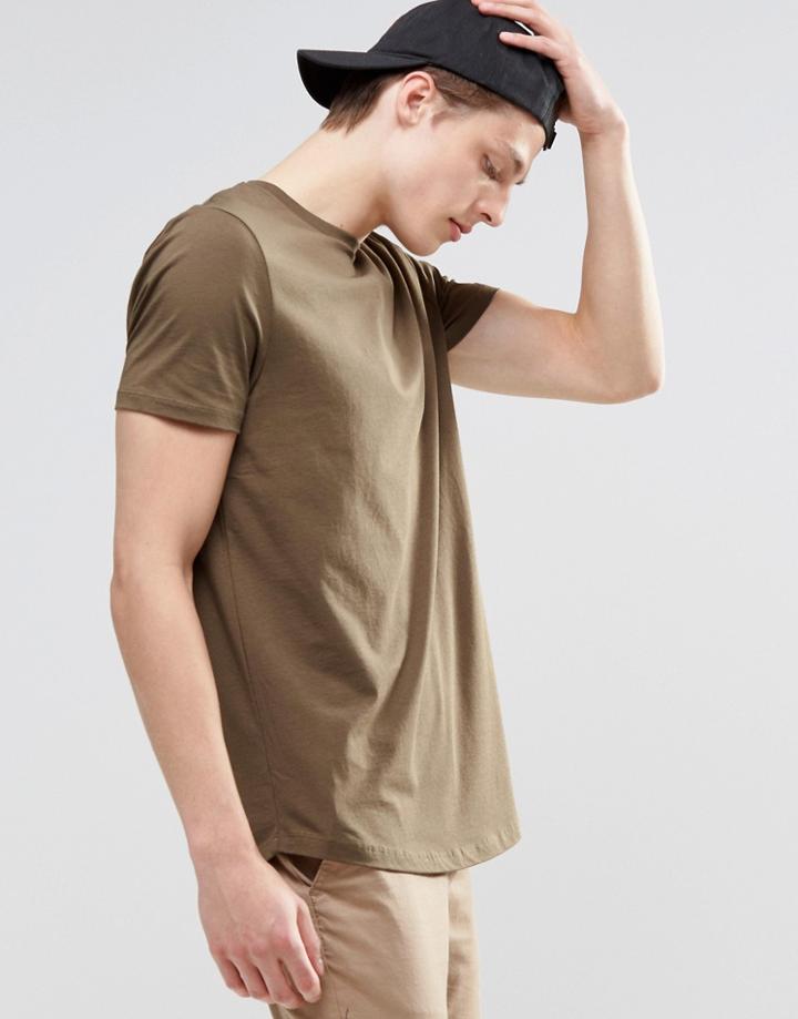 Asos Longline T-shirt With Curved Hem In Khaki Green - Battlefield