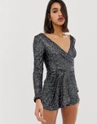 River Island Romper With Drape Front In Sequin-silver