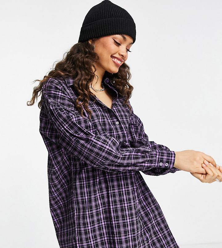 Noisy May Petite Shirt Dress In Purple Plaid Print-blue