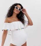 Asos Design Maternity Recycled Pom Pom Frill Off Shoulder Swimsuit In White