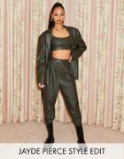 Asos Design Jersey Leather-look Tapered Trousers In Forest Green