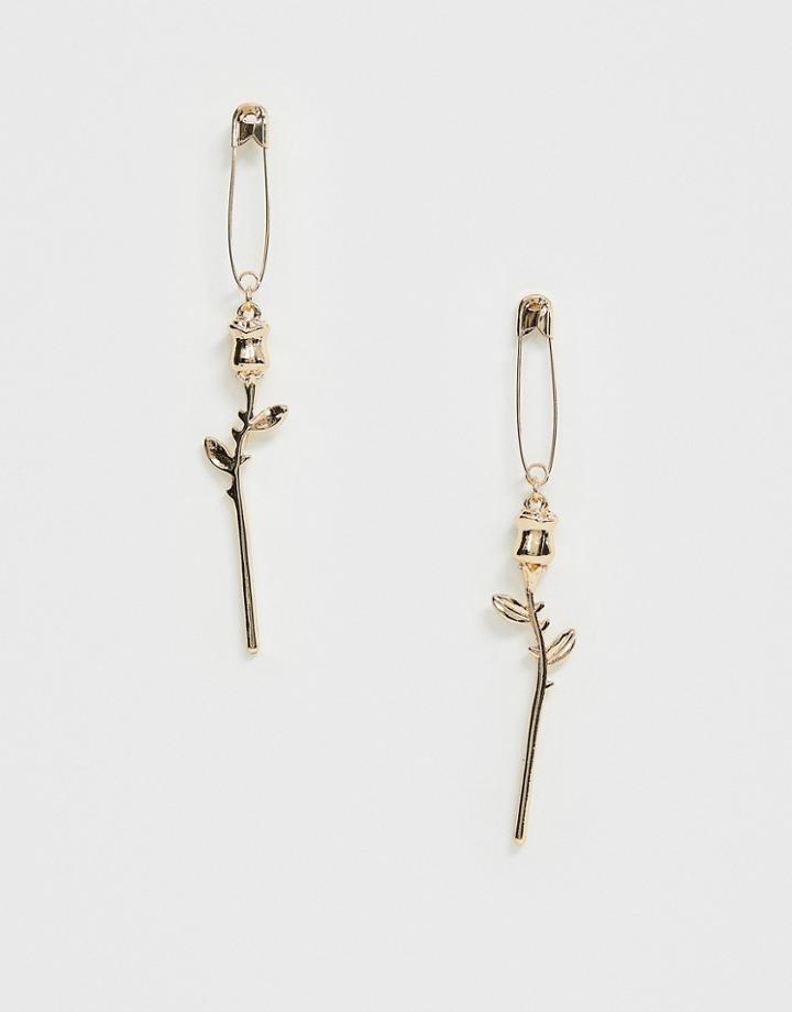 Asos Design Earrings In Safety Pin Design With Rose Charm In Gold Tone - Gold