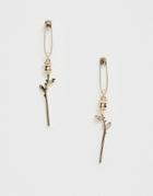 Asos Design Earrings In Safety Pin Design With Rose Charm In Gold Tone - Gold
