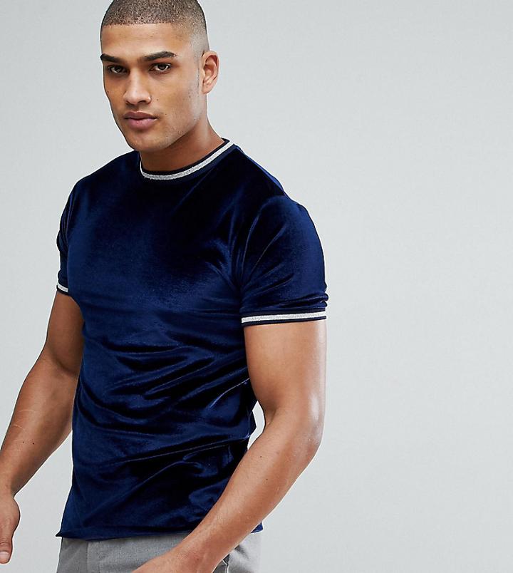 Asos Tall T-shirt In Navy Velour With Silver Metallic Tipping - Navy