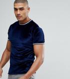Asos Tall T-shirt In Navy Velour With Silver Metallic Tipping - Navy