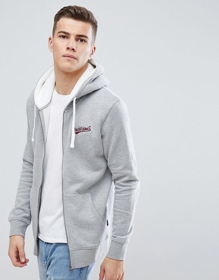 Jack & Jones Originals Zip Through Hoodie With Fleece Hood - Gray