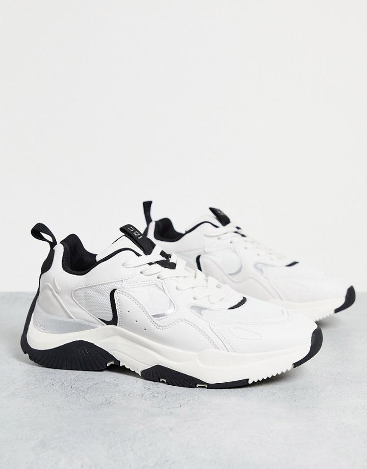 Bershka Chunky Sneakers In White With Black Sole And Detailing