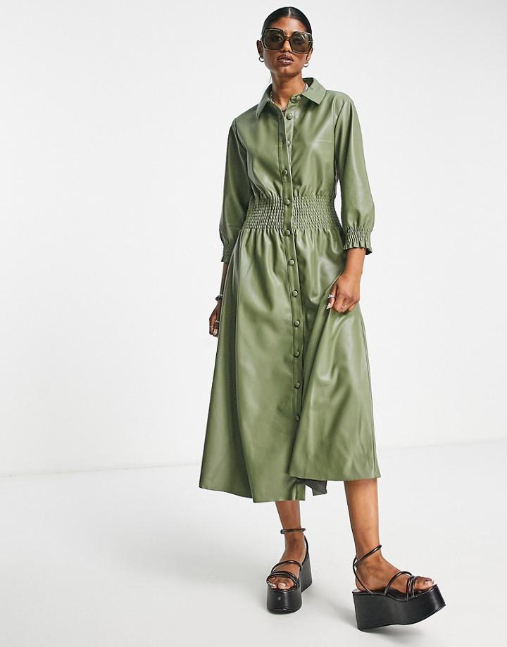 Vila Button Down Midi Coated Shirt Dress In Green
