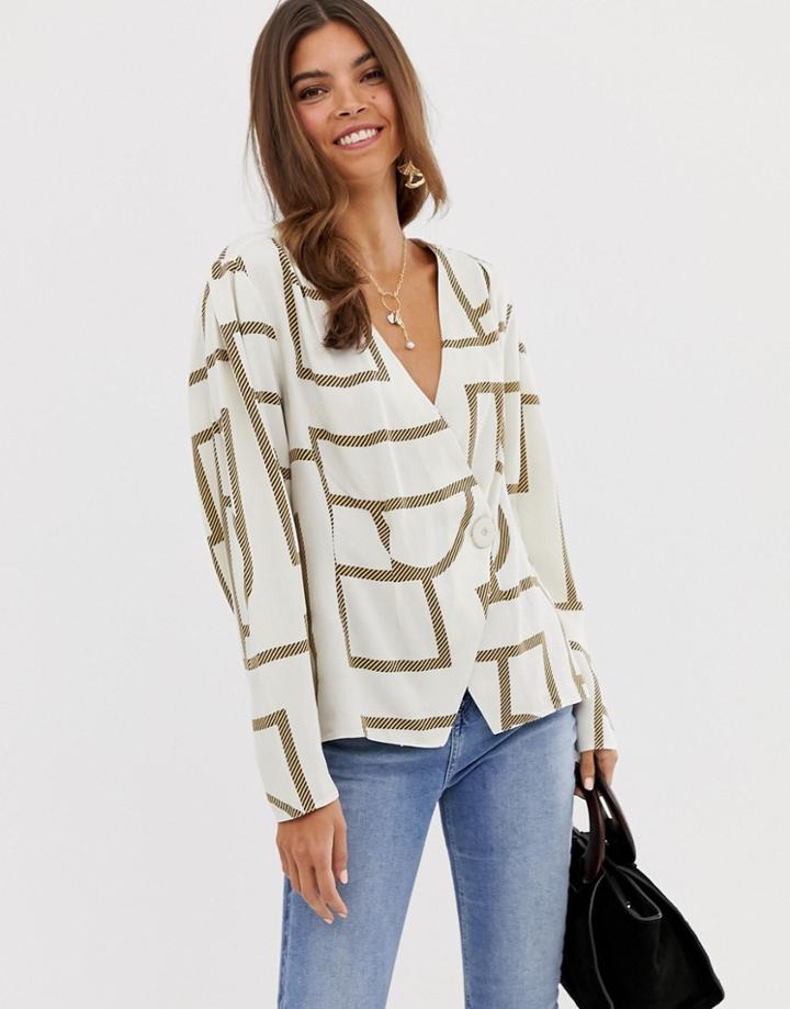 Asos Design Long Sleeve Asymmetric Wrap Top With Button Detail In Geo Print - Multi