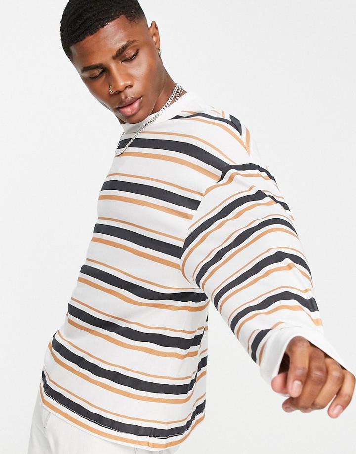 Asos Design Oversized Long Sleeve Stripe T-shirt In Brown & White-multi
